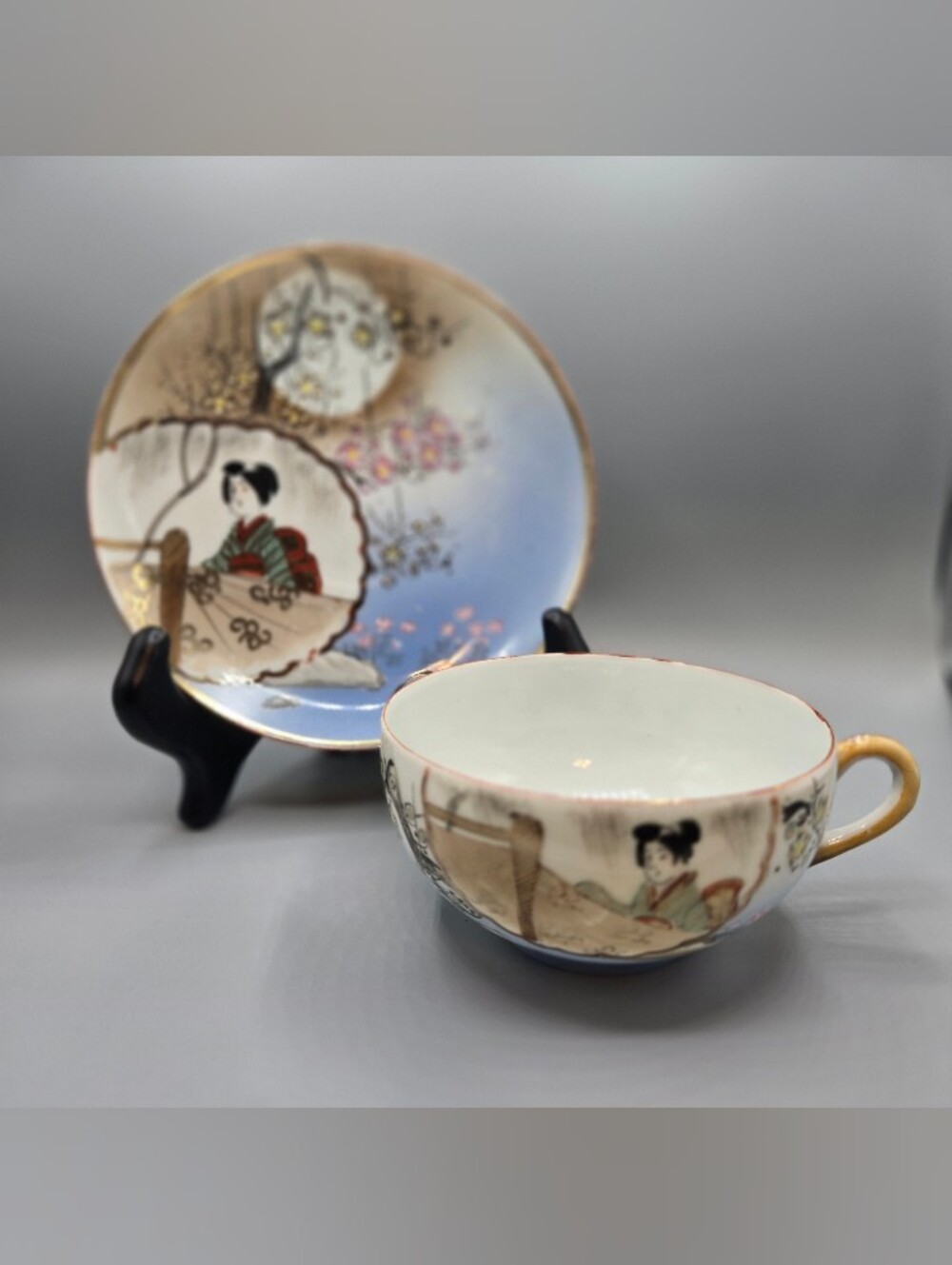Vintage Japanese Eggshell Porcelain Geisha Girl Teacup & Saucer Set